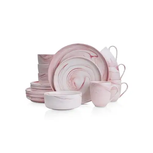 大理石陶瓷餐具套装,16件(4人份),哑光粉色